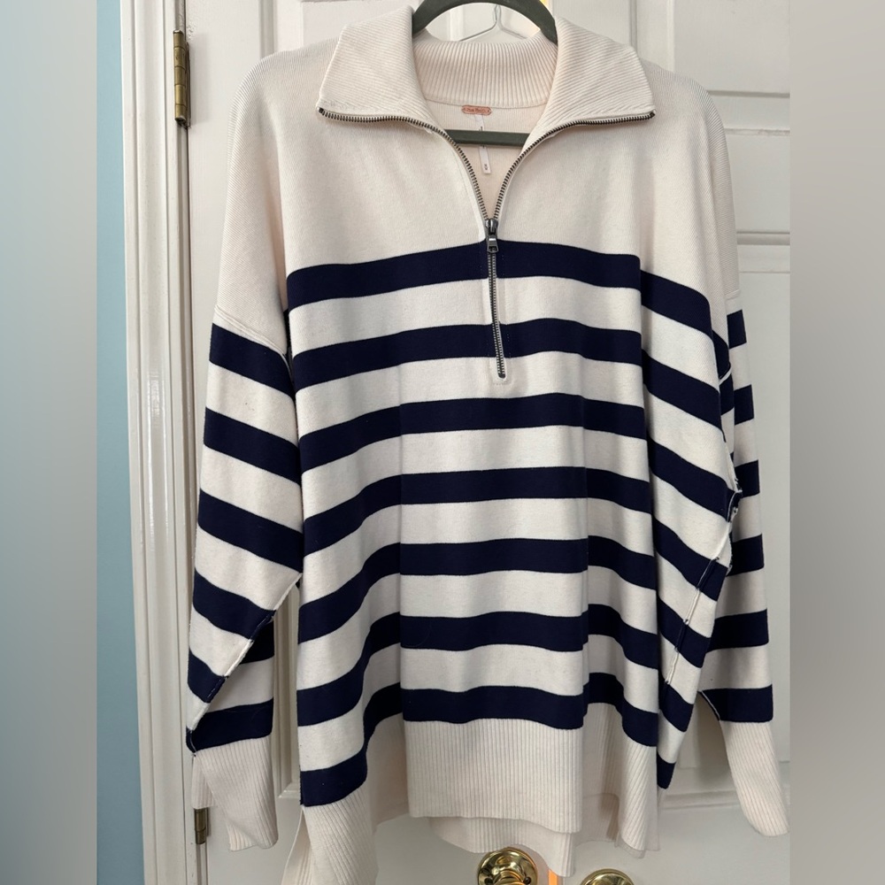 Like New FREE PEOPLE Striped 1/4-Zip Sweater in Navy and Cream